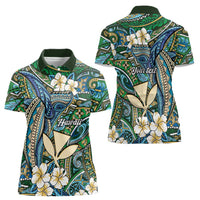 Personalised Hawaii Tribal Humpback Whale Women Polo Shirt Omaomao Hibiscus Seamless Pattern
