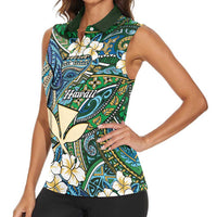 Personalised Hawaii Tribal Humpback Whale Women Sleeveless Polo Shirt Omaomao Hibiscus Seamless Pattern
