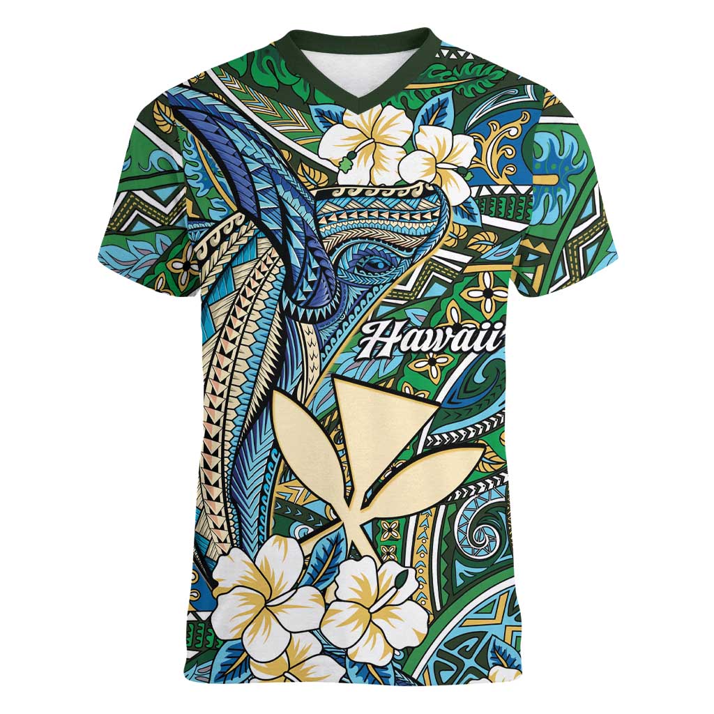 Personalised Hawaii Tribal Humpback Whale Women V-Neck T-Shirt Omaomao Hibiscus Seamless Pattern