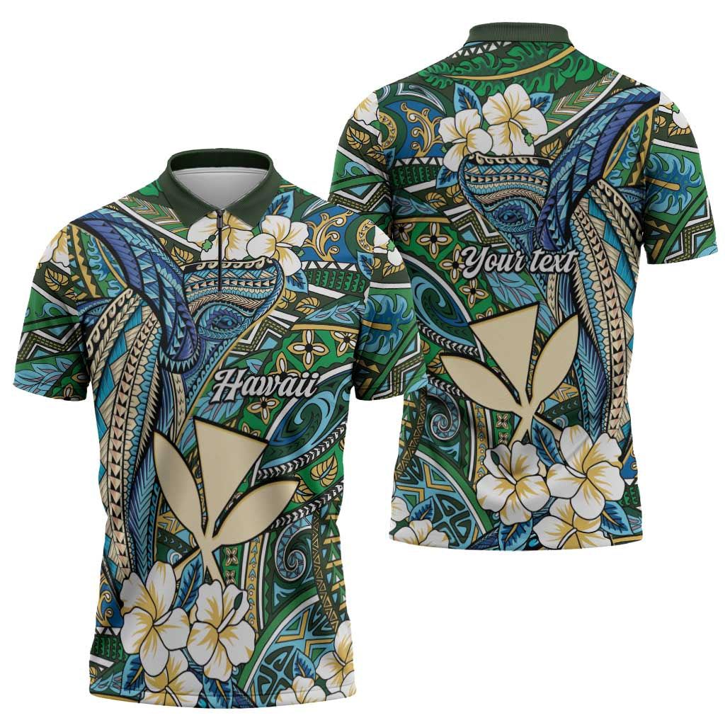 Personalised Hawaii Tribal Humpback Whale Zipper Polo Shirt Omaomao Hibiscus Seamless Pattern