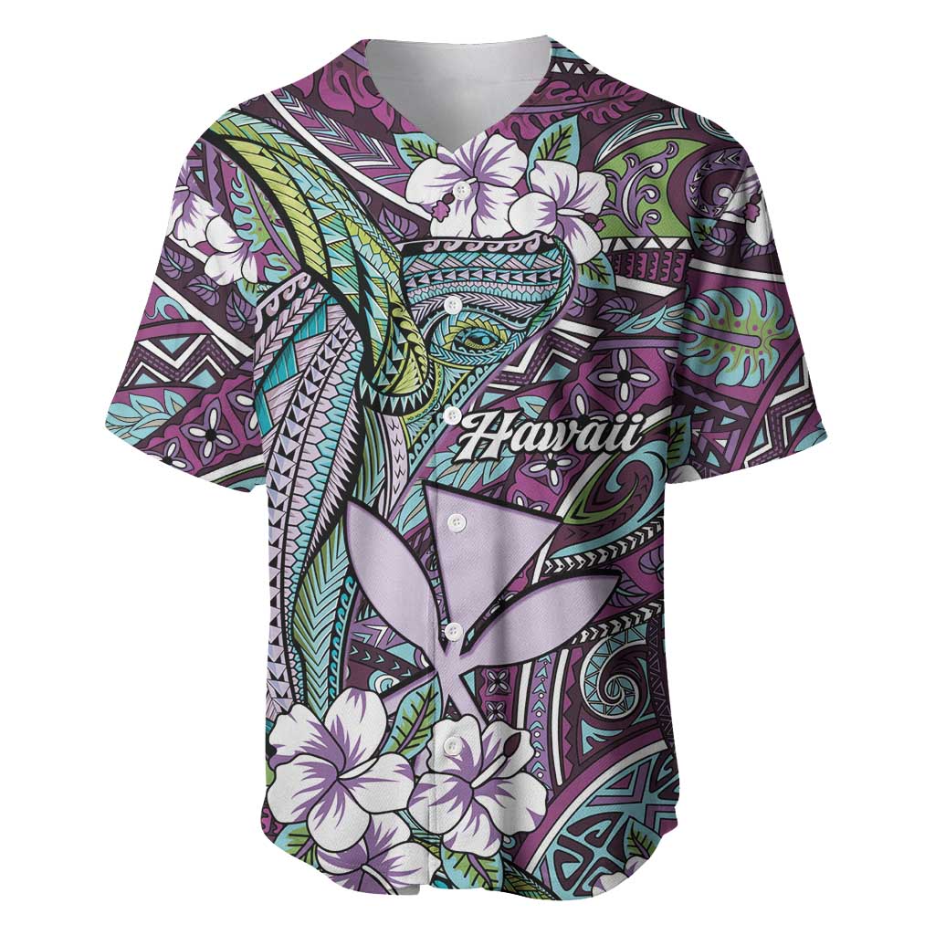 Personalised Hawaii Tribal Humpback Whale Baseball Jersey Poni Hibiscus Seamless Pattern
