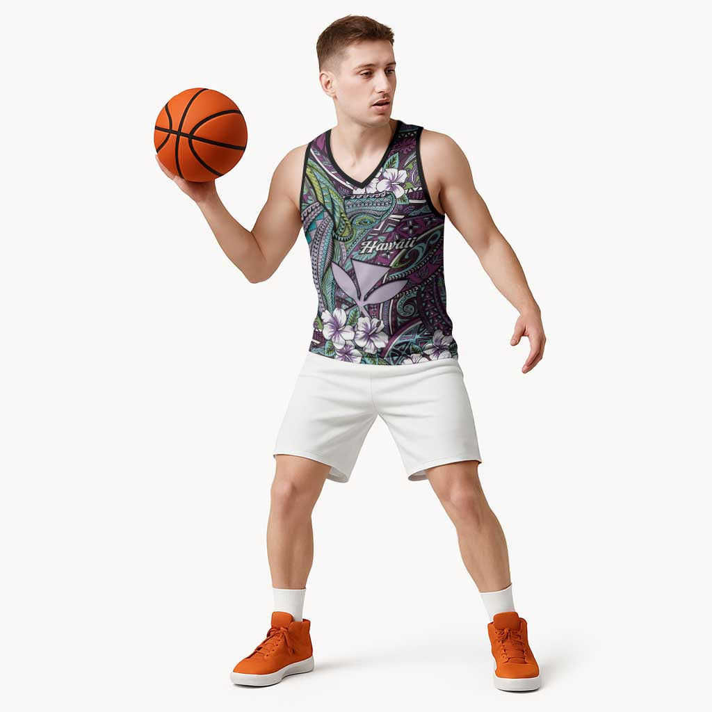 Personalised Hawaii Tribal Humpback Whale Basketball Jersey Poni Hibiscus Seamless Pattern