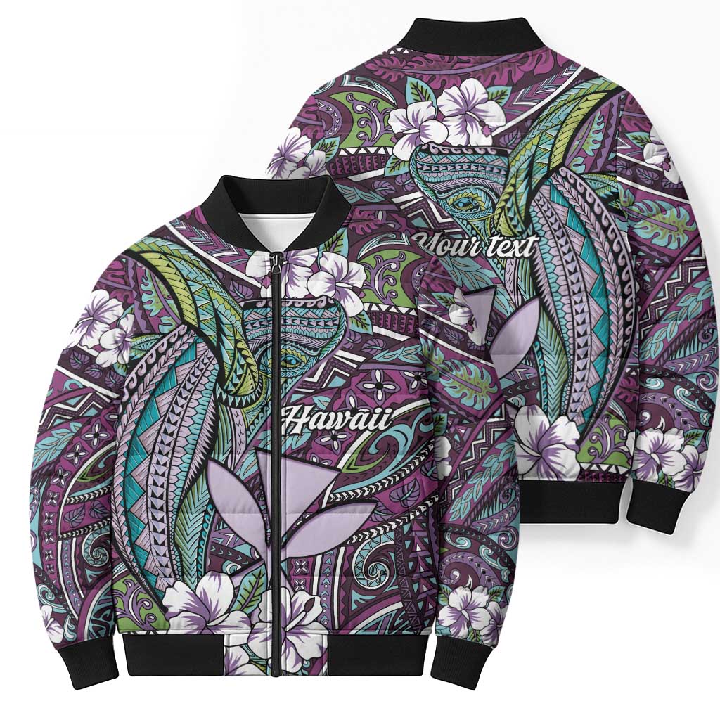 Personalised Hawaii Tribal Humpback Whale Bomber Puffer Jacket Poni Hibiscus Seamless Pattern