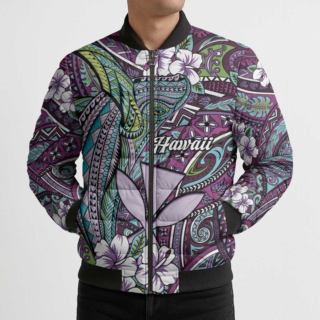 Personalised Hawaii Tribal Humpback Whale Bomber Puffer Jacket Poni Hibiscus Seamless Pattern