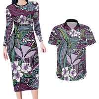 Personalised Hawaii Tribal Humpback Whale Couples Matching Long Sleeve Bodycon Dress and Hawaiian Shirt Poni Hibiscus Seamless Pattern LT9 Purple - Polynesian Pride
