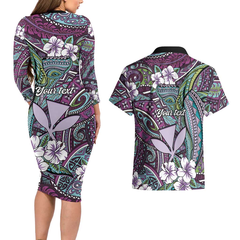 Personalised Hawaii Tribal Humpback Whale Couples Matching Long Sleeve Bodycon Dress and Hawaiian Shirt Poni Hibiscus Seamless Pattern LT9 - Polynesian Pride