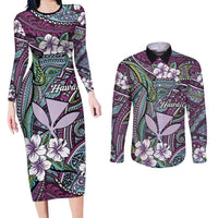 Personalised Hawaii Tribal Humpback Whale Couples Matching Long Sleeve Bodycon Dress and Long Sleeve Button Shirt Poni Hibiscus Seamless Pattern LT9 Purple - Polynesian Pride