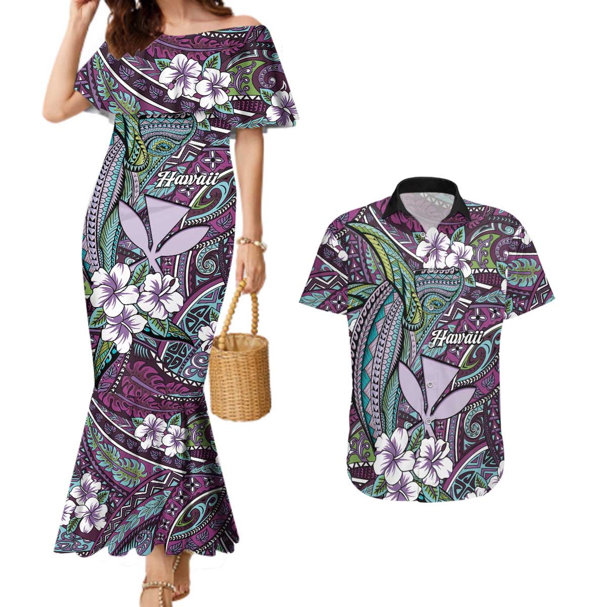Personalised Hawaii Tribal Humpback Whale Couples Matching Mermaid Dress and Hawaiian Shirt Poni Hibiscus Seamless Pattern LT9 Purple - Polynesian Pride