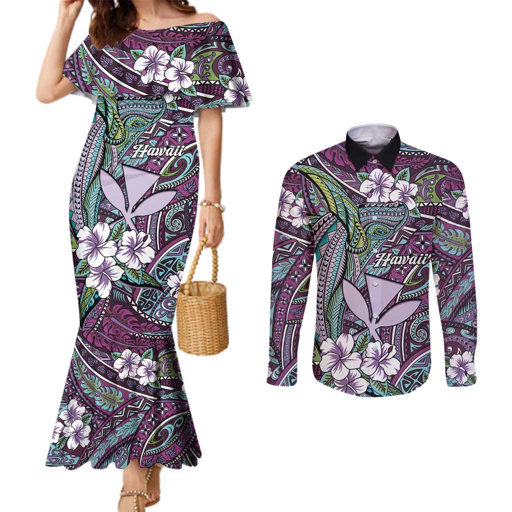 Personalised Hawaii Tribal Humpback Whale Couples Matching Mermaid Dress and Long Sleeve Button Shirt Poni Hibiscus Seamless Pattern