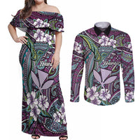Personalised Hawaii Tribal Humpback Whale Couples Matching Off Shoulder Maxi Dress and Long Sleeve Button Shirt Poni Hibiscus Seamless Pattern