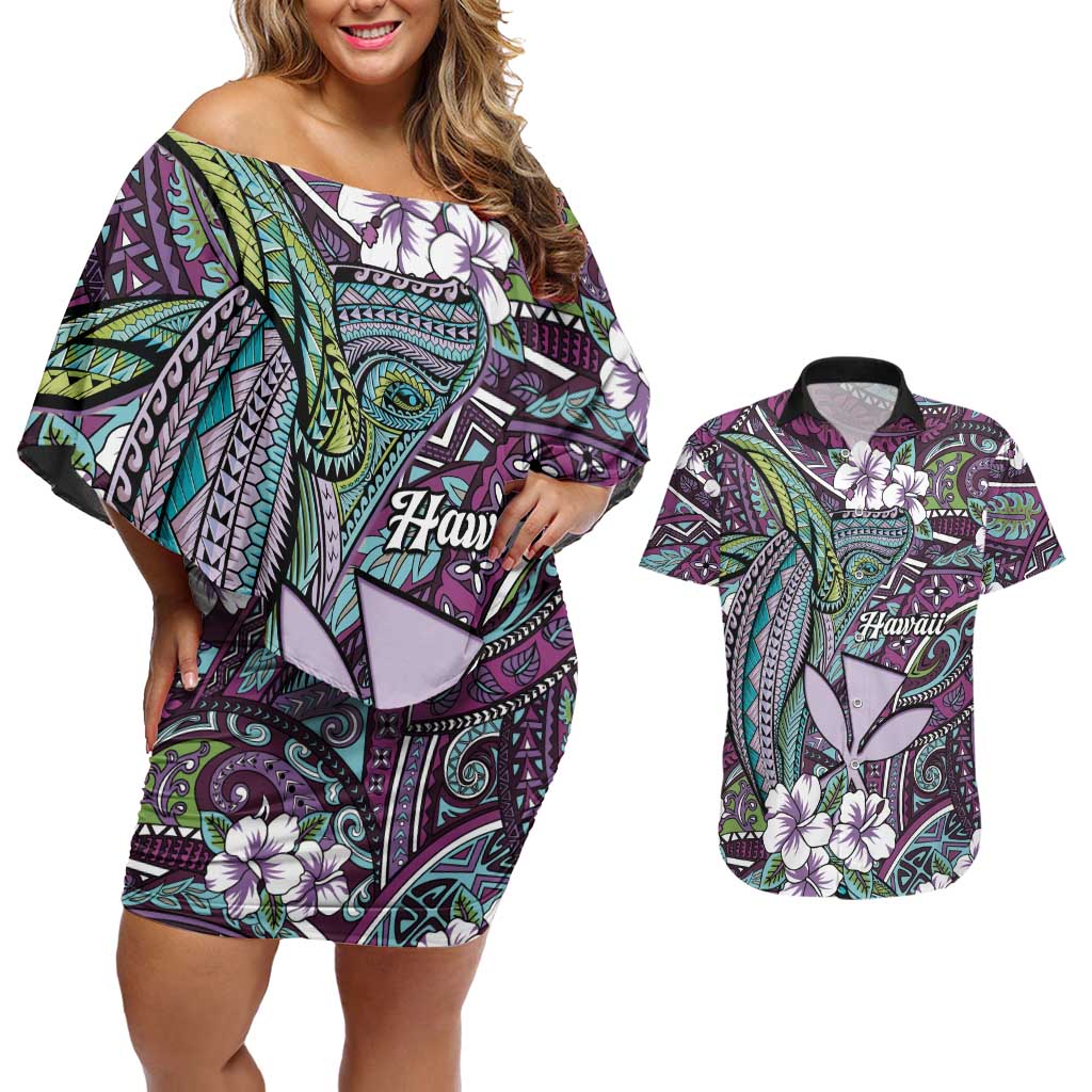 Personalised Hawaii Tribal Humpback Whale Couples Matching Off Shoulder Short Dress and Hawaiian Shirt Poni Hibiscus Seamless Pattern LT9 Purple - Polynesian Pride