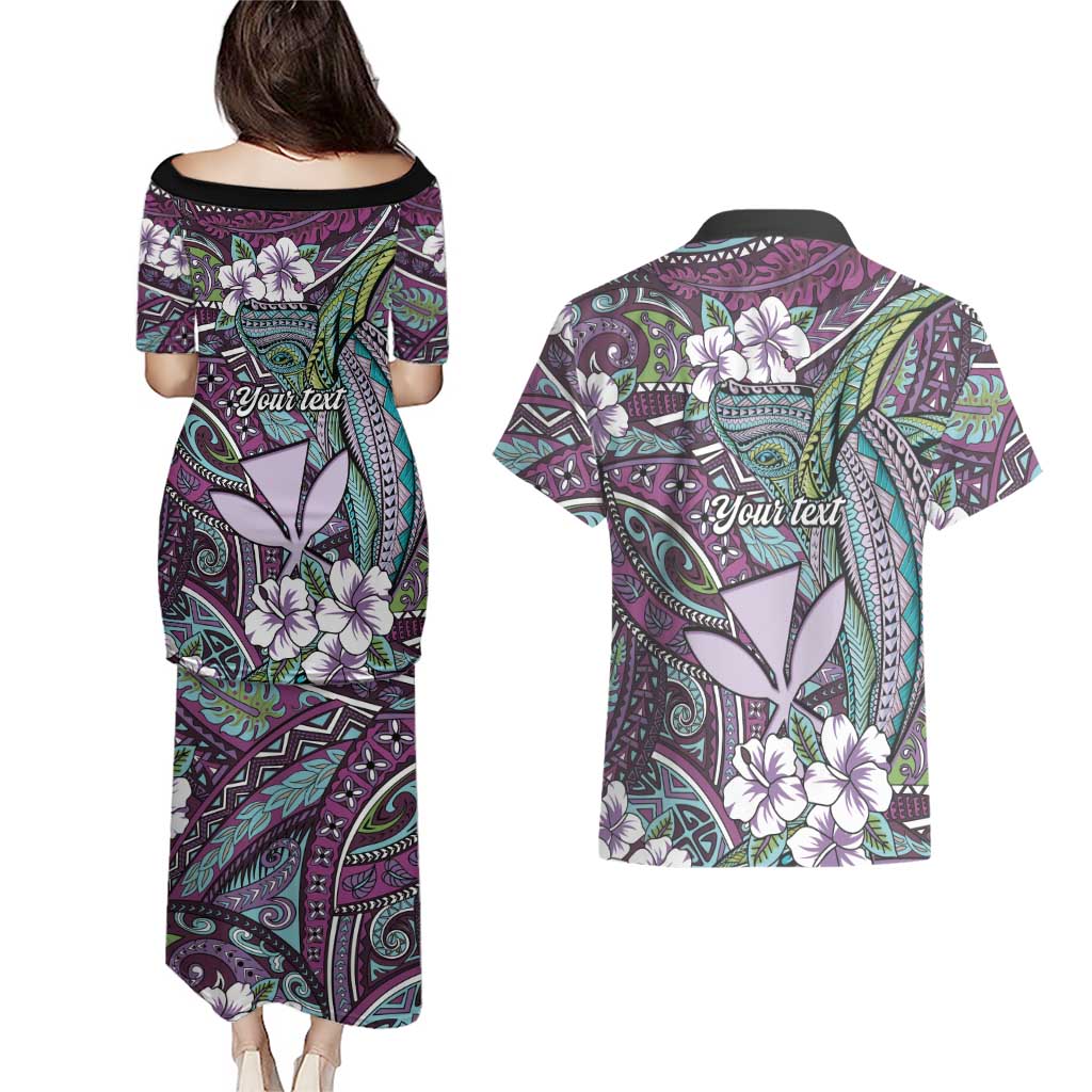 Personalised Hawaii Tribal Humpback Whale Couples Matching Puletasi and Hawaiian Shirt Poni Hibiscus Seamless Pattern