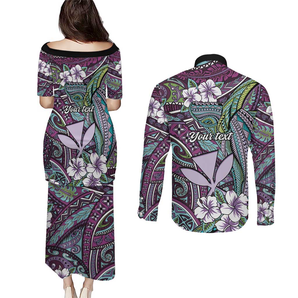 Personalised Hawaii Tribal Humpback Whale Couples Matching Puletasi and Long Sleeve Button Shirt Poni Hibiscus Seamless Pattern