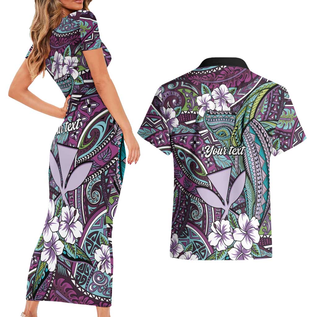 Personalised Hawaii Tribal Humpback Whale Couples Matching Short Sleeve Bodycon Dress and Hawaiian Shirt Poni Hibiscus Seamless Pattern LT9 - Polynesian Pride