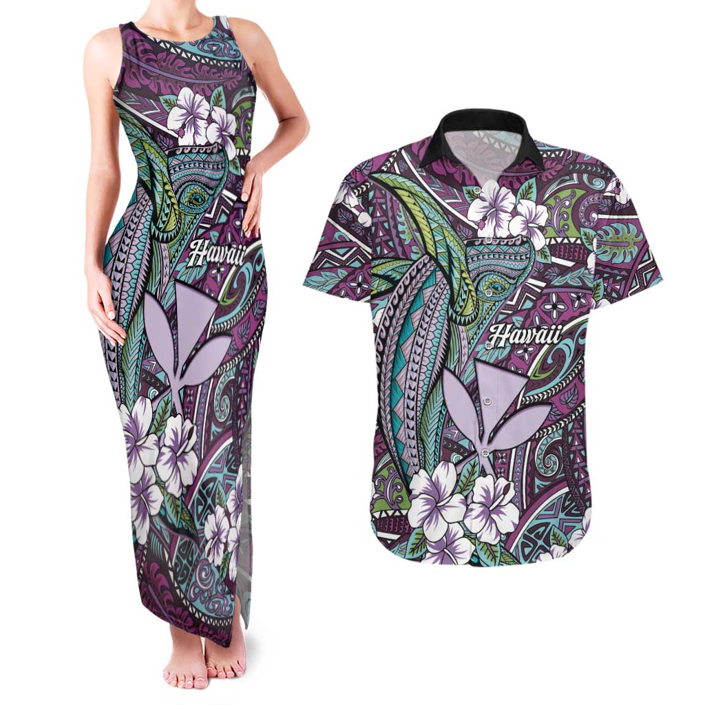 Personalised Hawaii Tribal Humpback Whale Couples Matching Tank Maxi Dress and Hawaiian Shirt Poni Hibiscus Seamless Pattern LT9 Purple - Polynesian Pride
