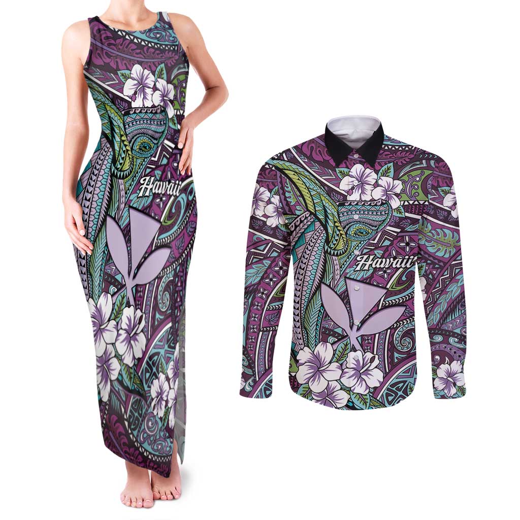 Personalised Hawaii Tribal Humpback Whale Couples Matching Tank Maxi Dress and Long Sleeve Button Shirt Poni Hibiscus Seamless Pattern