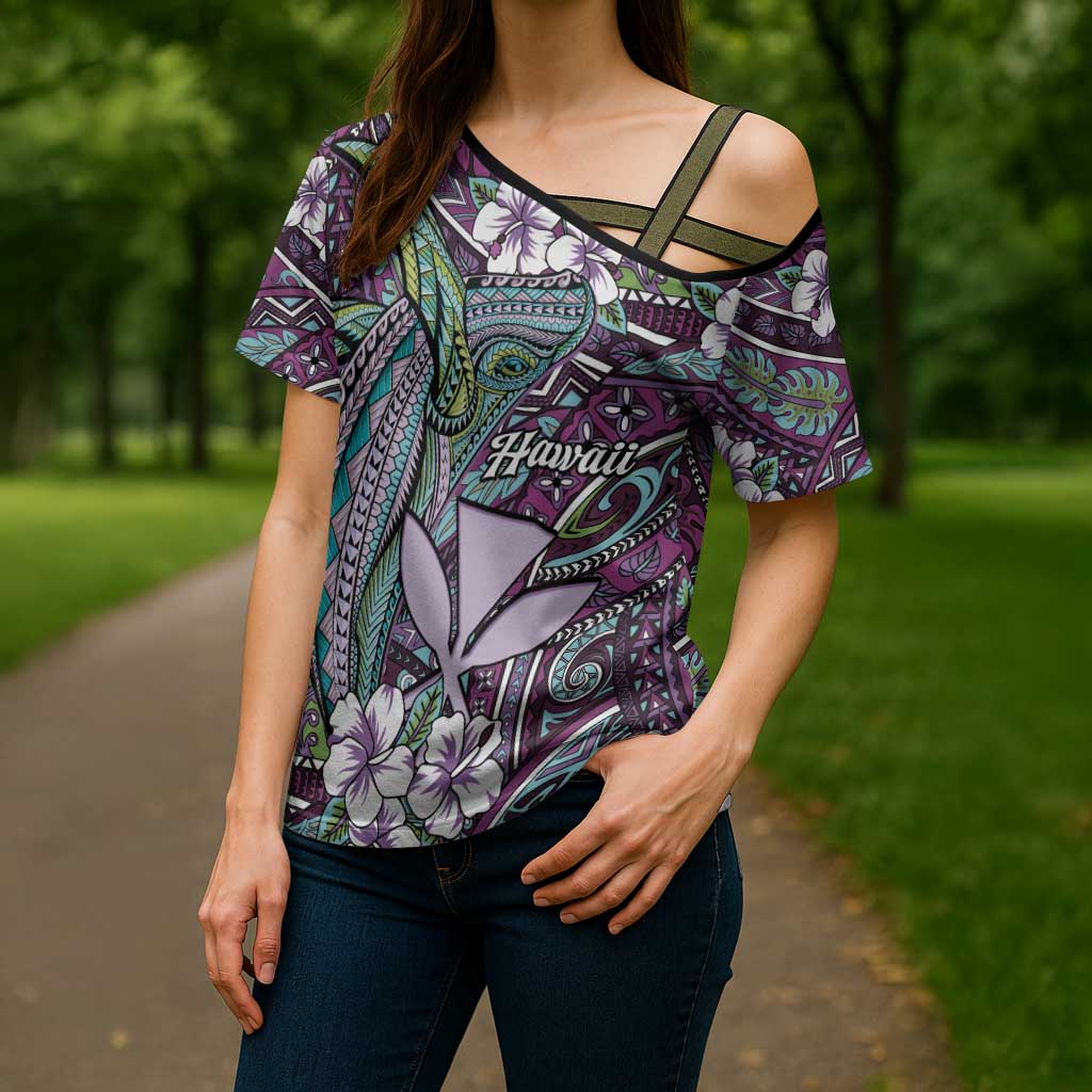 Personalised Hawaii Tribal Humpback Whale Cross Shoulder Shirt Poni Hibiscus Seamless Pattern