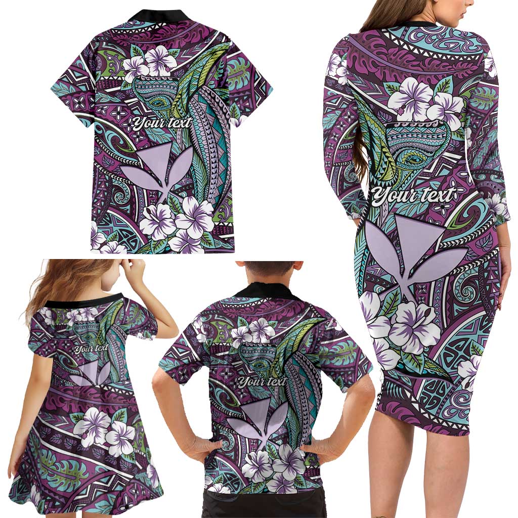 Personalised Hawaii Tribal Humpback Whale Family Matching Long Sleeve Bodycon Dress and Hawaiian Shirt Poni Hibiscus Seamless Pattern LT9 - Polynesian Pride