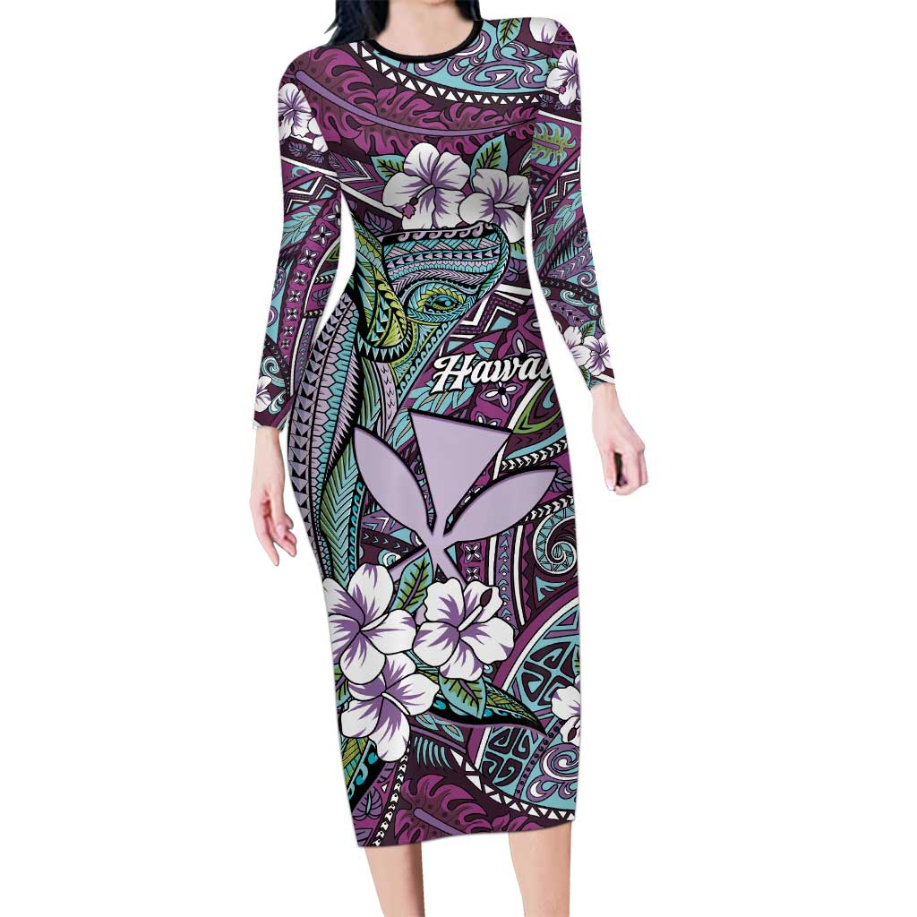 Personalised Hawaii Tribal Humpback Whale Family Matching Long Sleeve Bodycon Dress and Hawaiian Shirt Poni Hibiscus Seamless Pattern LT9 Mom's Dress Purple - Polynesian Pride