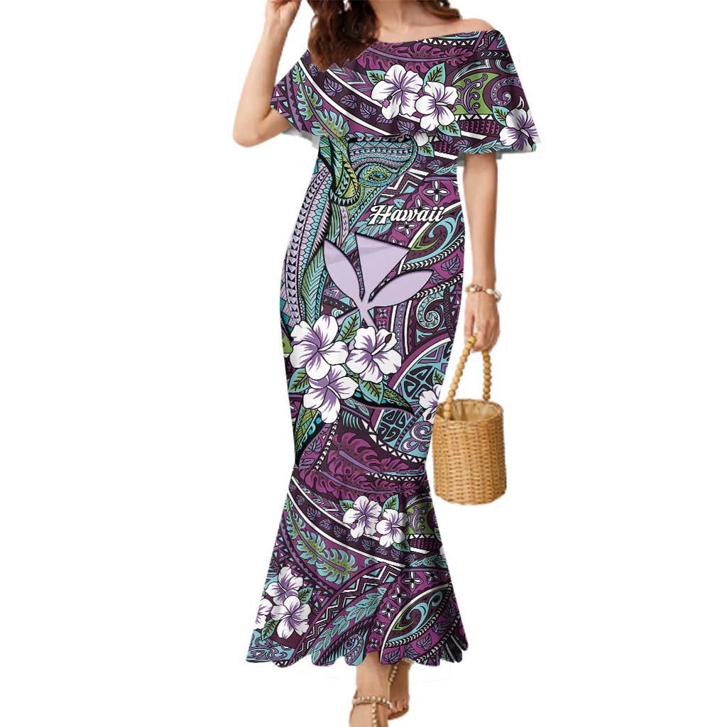 Personalised Hawaii Tribal Humpback Whale Family Matching Mermaid Dress and Hawaiian Shirt Poni Hibiscus Seamless Pattern LT9 Mom's Dress Purple - Polynesian Pride