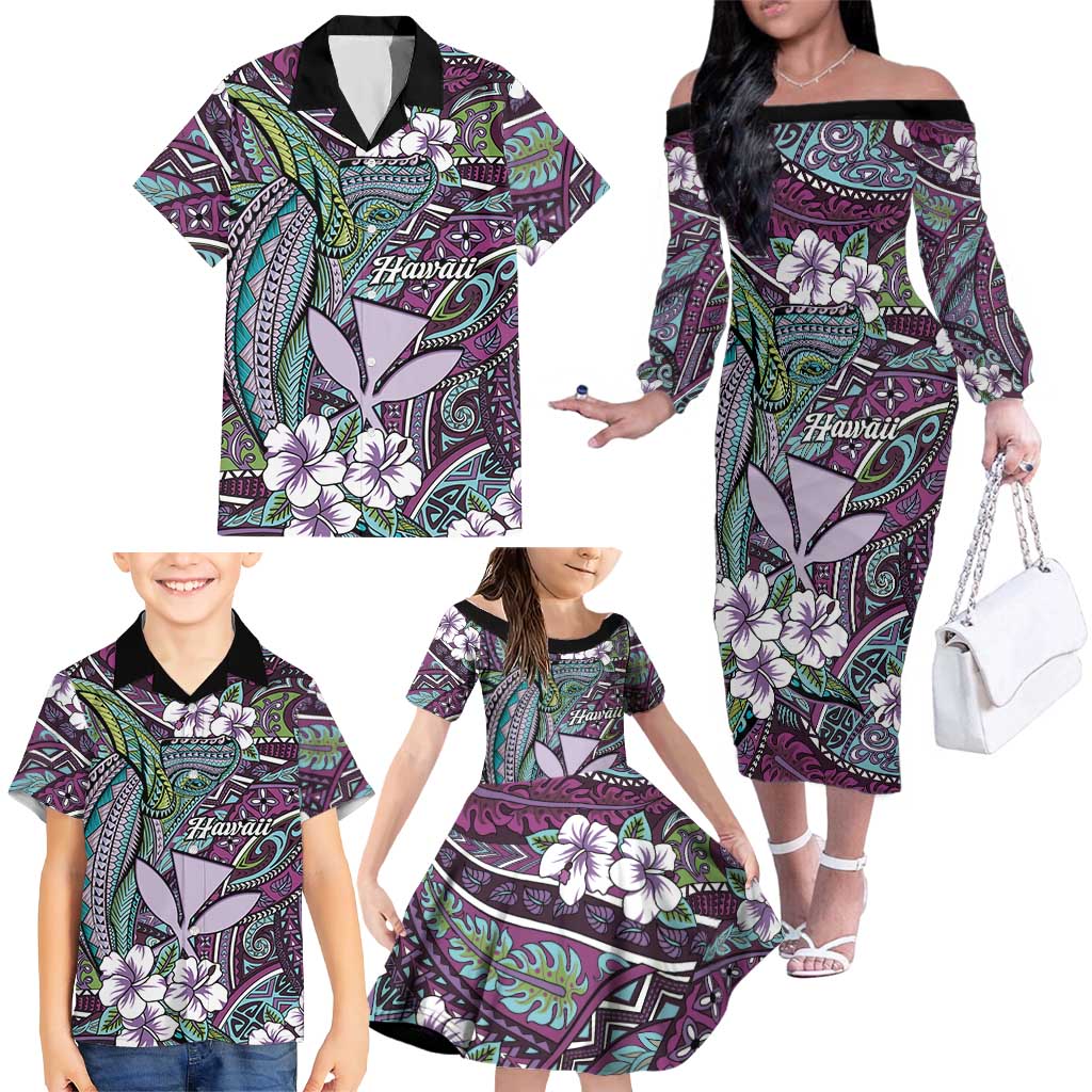 Personalised Hawaii Tribal Humpback Whale Family Matching Off The Shoulder Long Sleeve Dress and Hawaiian Shirt Poni Hibiscus Seamless Pattern