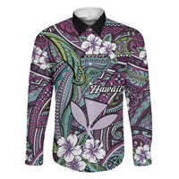 Personalised Hawaii Tribal Humpback Whale Family Matching Off Shoulder Maxi Dress and Hawaiian Shirt Poni Hibiscus Seamless Pattern LT9 Dad's Shirt - Long Sleeve Purple - Polynesian Pride