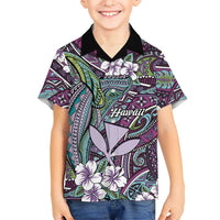 Personalised Hawaii Tribal Humpback Whale Family Matching Off Shoulder Maxi Dress and Hawaiian Shirt Poni Hibiscus Seamless Pattern LT9 Son's Shirt Purple - Polynesian Pride