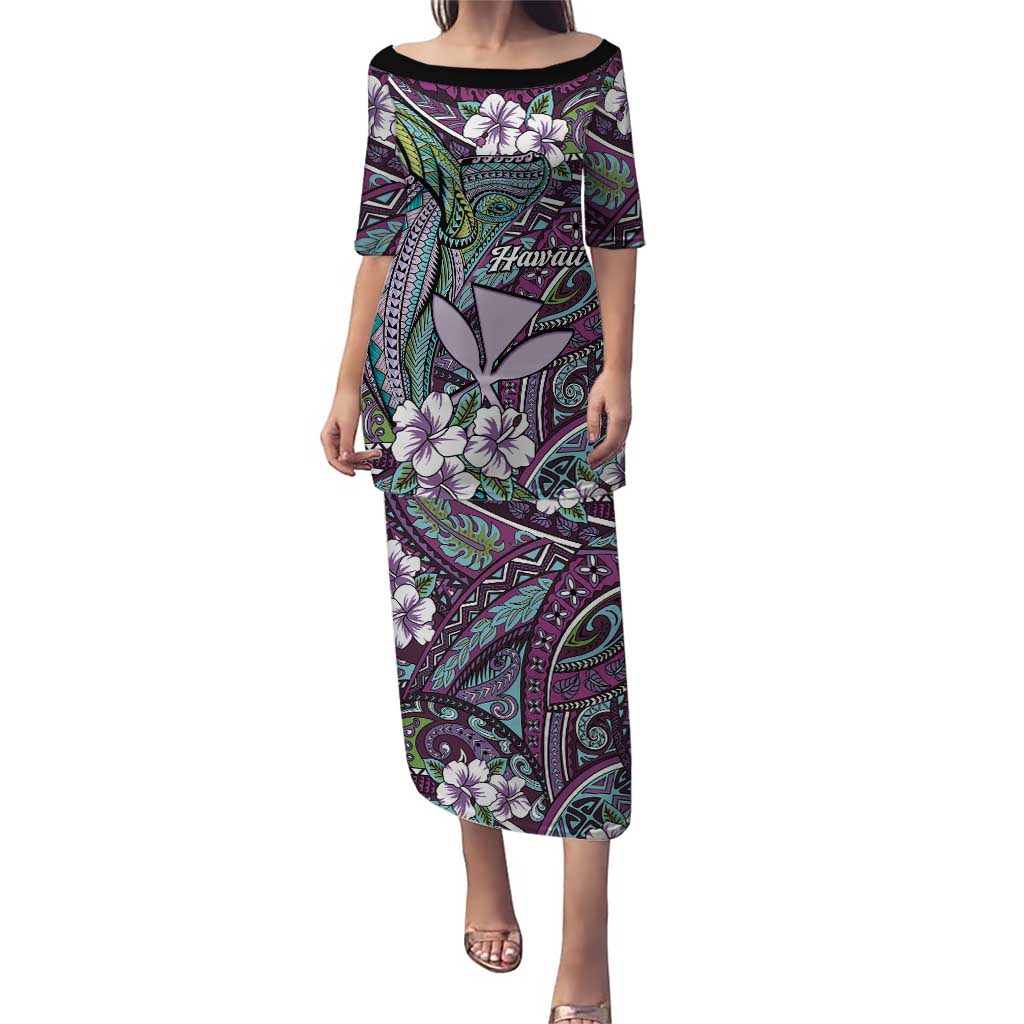Personalised Hawaii Tribal Humpback Whale Family Matching Puletasi and Hawaiian Shirt Poni Hibiscus Seamless Pattern LT9 Mom's Dress Purple - Polynesian Pride