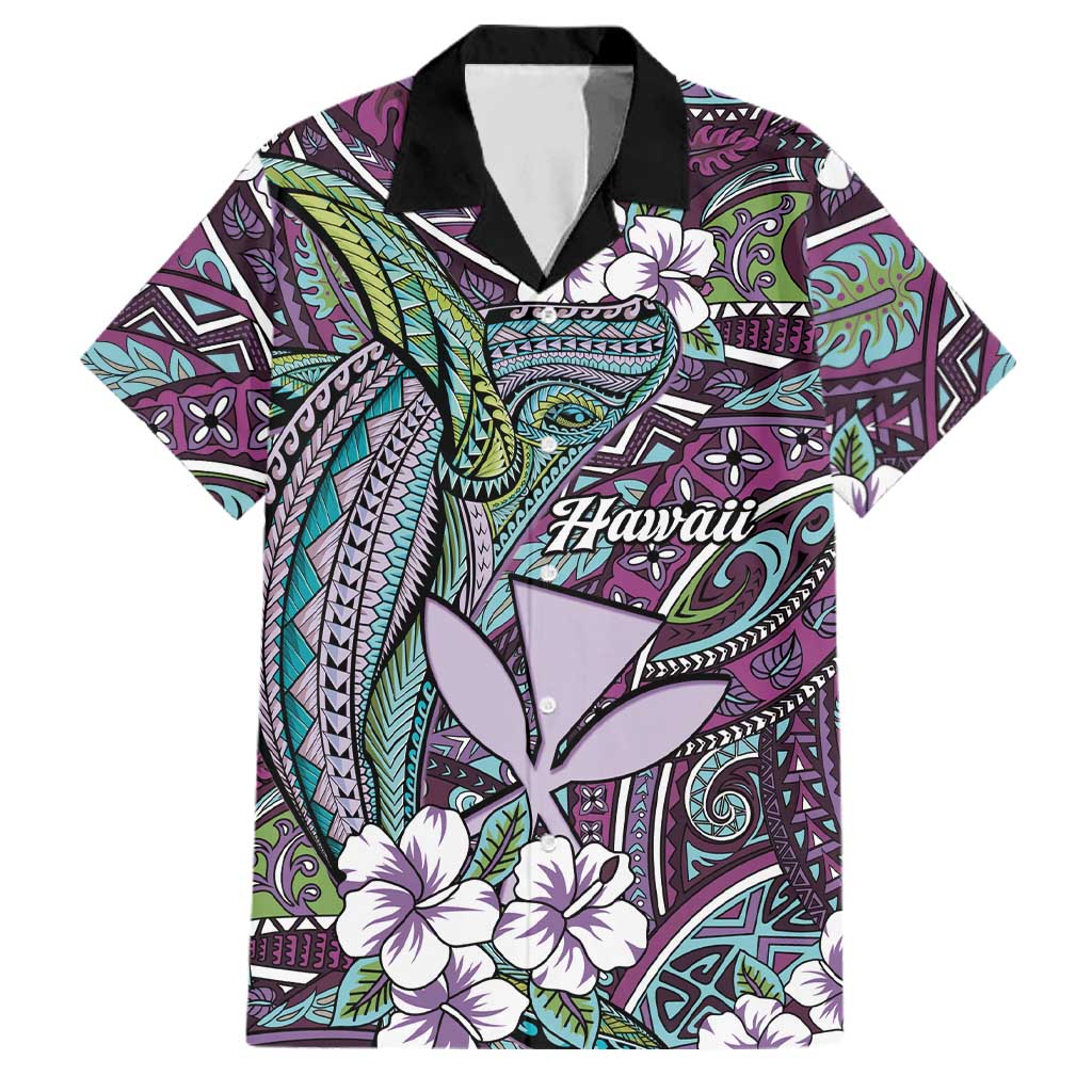 Personalised Hawaii Tribal Humpback Whale Family Matching Short Sleeve Bodycon Dress and Hawaiian Shirt Poni Hibiscus Seamless Pattern LT9 Dad's Shirt - Short Sleeve Purple - Polynesian Pride
