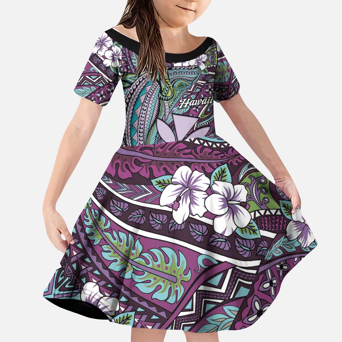 Personalised Hawaii Tribal Humpback Whale Kid Short Sleeve Dress Poni Hibiscus Seamless Pattern LT9 KID Purple - Polynesian Pride