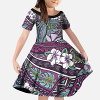 Personalised Hawaii Tribal Humpback Whale Kid Short Sleeve Dress Poni Hibiscus Seamless Pattern LT9 KID Purple - Polynesian Pride