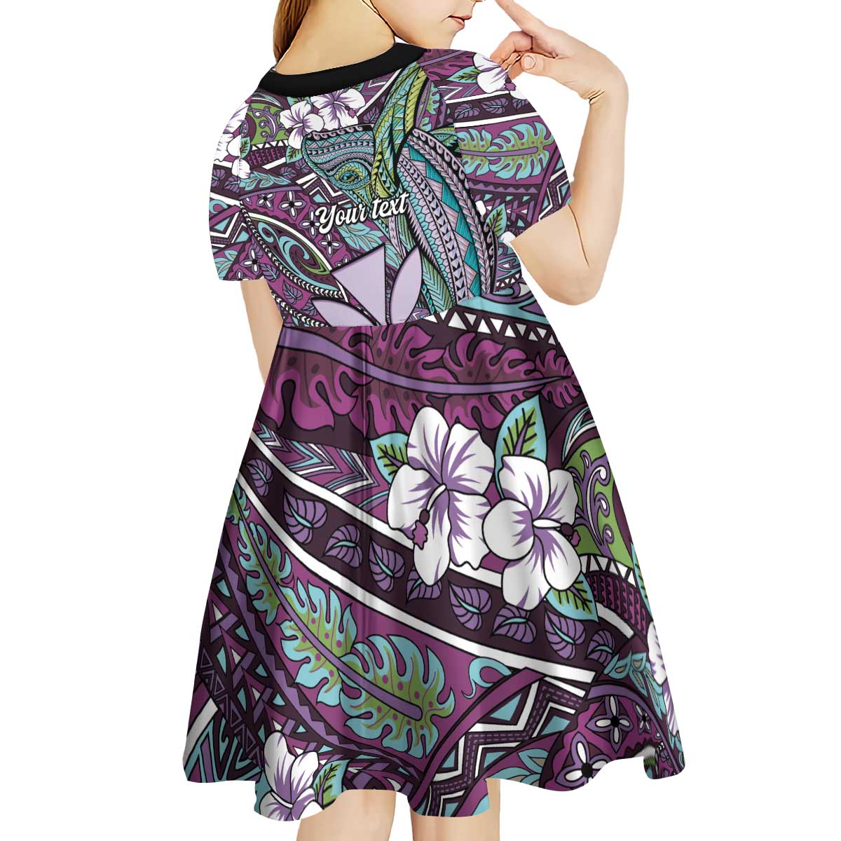 Personalised Hawaii Tribal Humpback Whale Kid Short Sleeve Dress Poni Hibiscus Seamless Pattern LT9 - Polynesian Pride