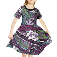 Personalised Hawaii Tribal Humpback Whale Kid Short Sleeve Dress Poni Hibiscus Seamless Pattern LT9 - Polynesian Pride