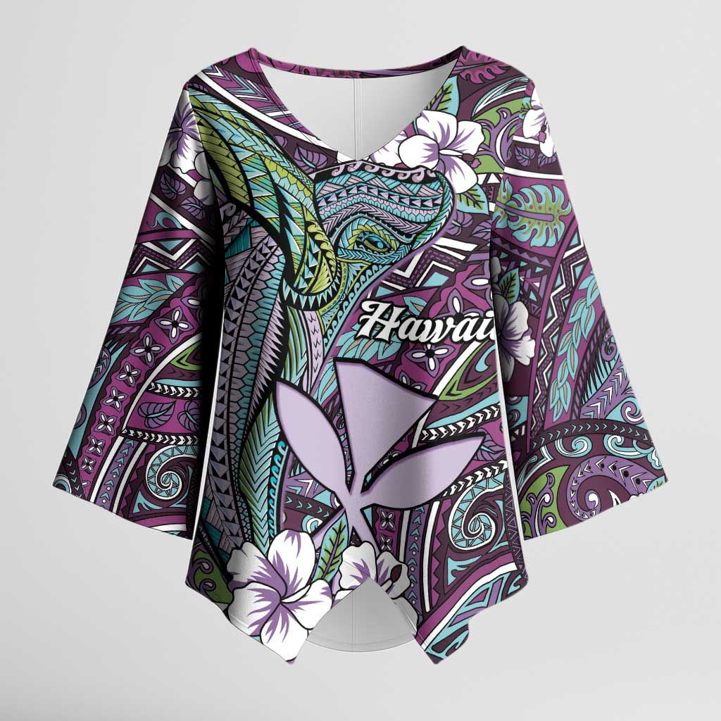 Personalised Hawaii Tribal Humpback Whale Kimono Sleeve Blouse Poni Hibiscus Seamless Pattern