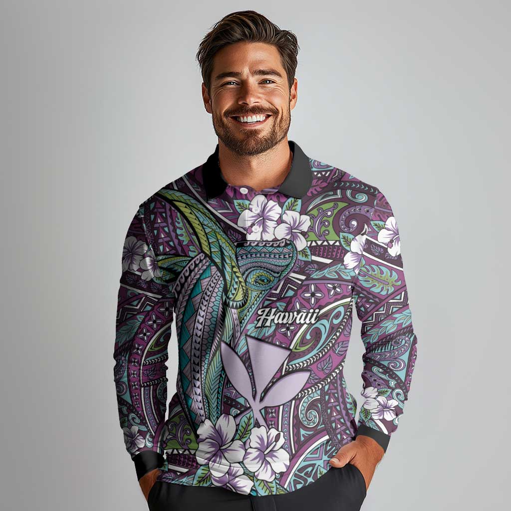 Personalised Hawaii Tribal Humpback Whale Long Sleeve Polo Shirt Poni Hibiscus Seamless Pattern