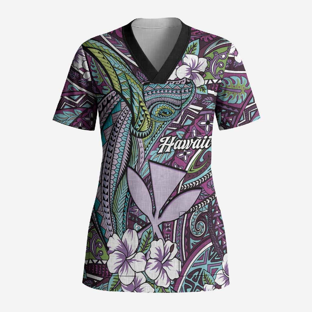 Personalised Hawaii Tribal Humpback Whale Scrub Top Poni Hibiscus Seamless Pattern