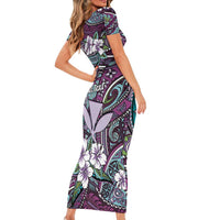 Personalised Hawaii Tribal Humpback Whale Short Sleeve Bodycon Dress Poni Hibiscus Seamless Pattern