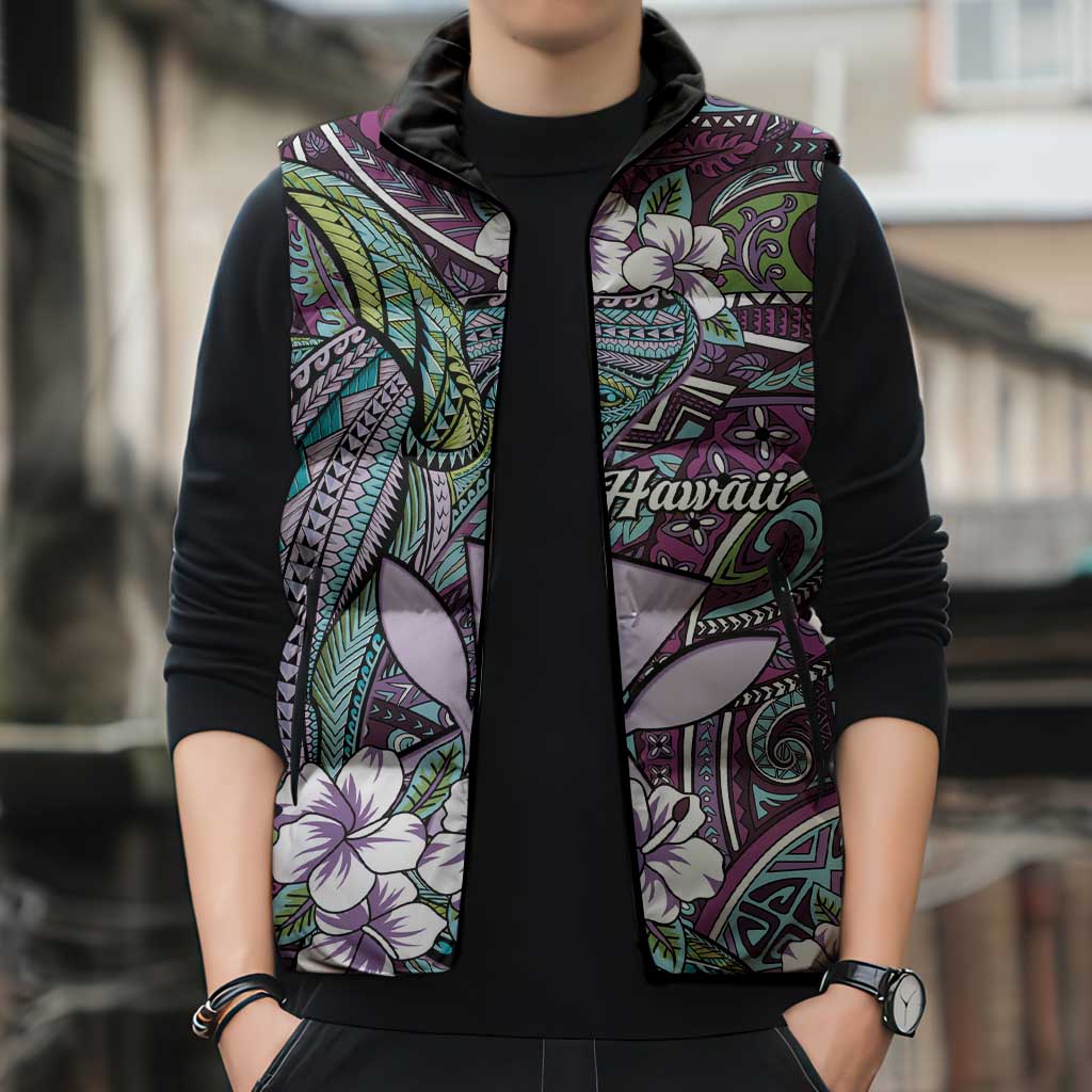 Personalised Hawaii Tribal Humpback Whale Sleeveless Puffer Jacket Poni Hibiscus Seamless Pattern
