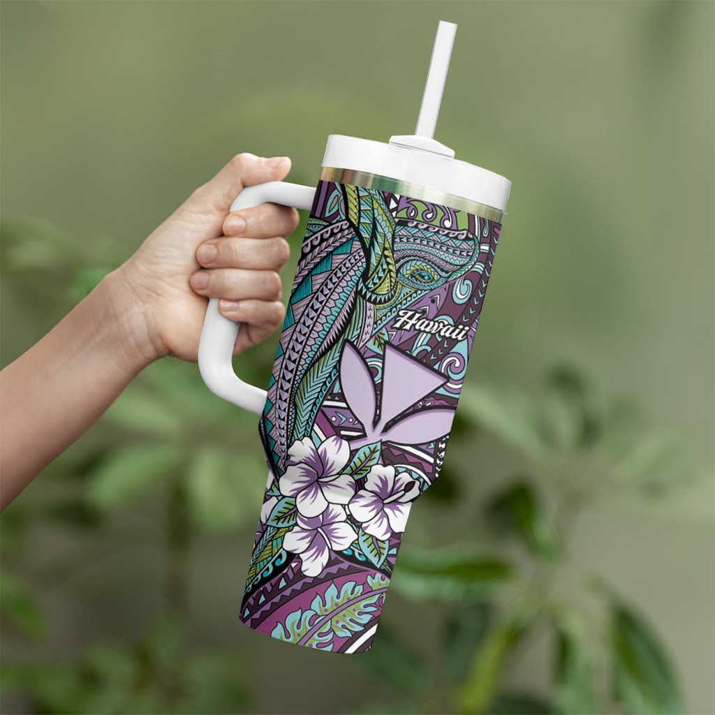 Personalised Hawaii Tribal Humpback Whale Tumbler With Handle Poni Hibiscus Seamless Pattern