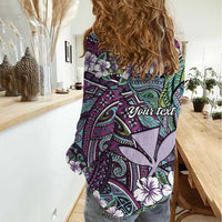 Personalised Hawaii Tribal Humpback Whale Women Casual Shirt Poni Hibiscus Seamless Pattern