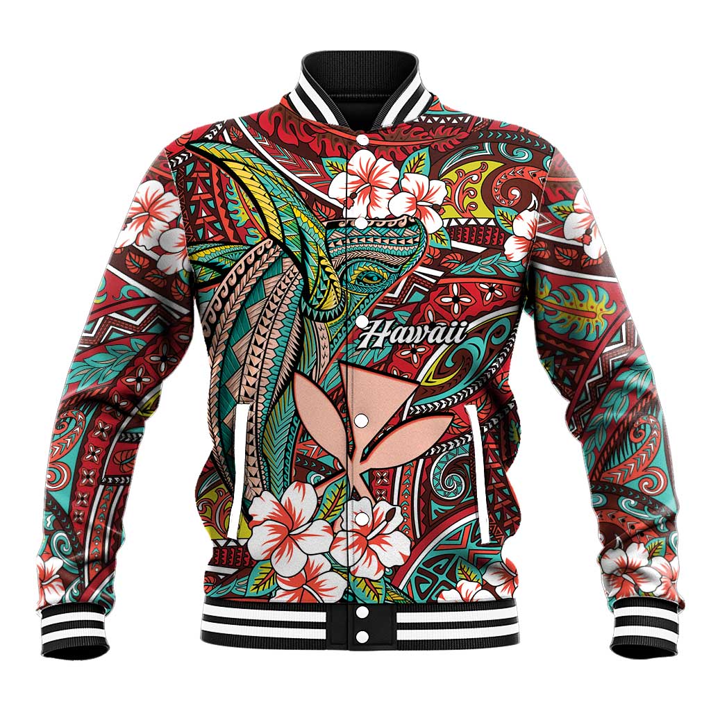 Personalised Hawaii Tribal Humpback Whale Baseball Jacket Ulaula Hibiscus Seamless Pattern