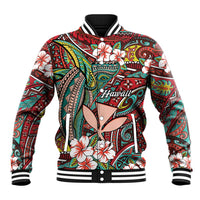Personalised Hawaii Tribal Humpback Whale Baseball Jacket Ulaula Hibiscus Seamless Pattern