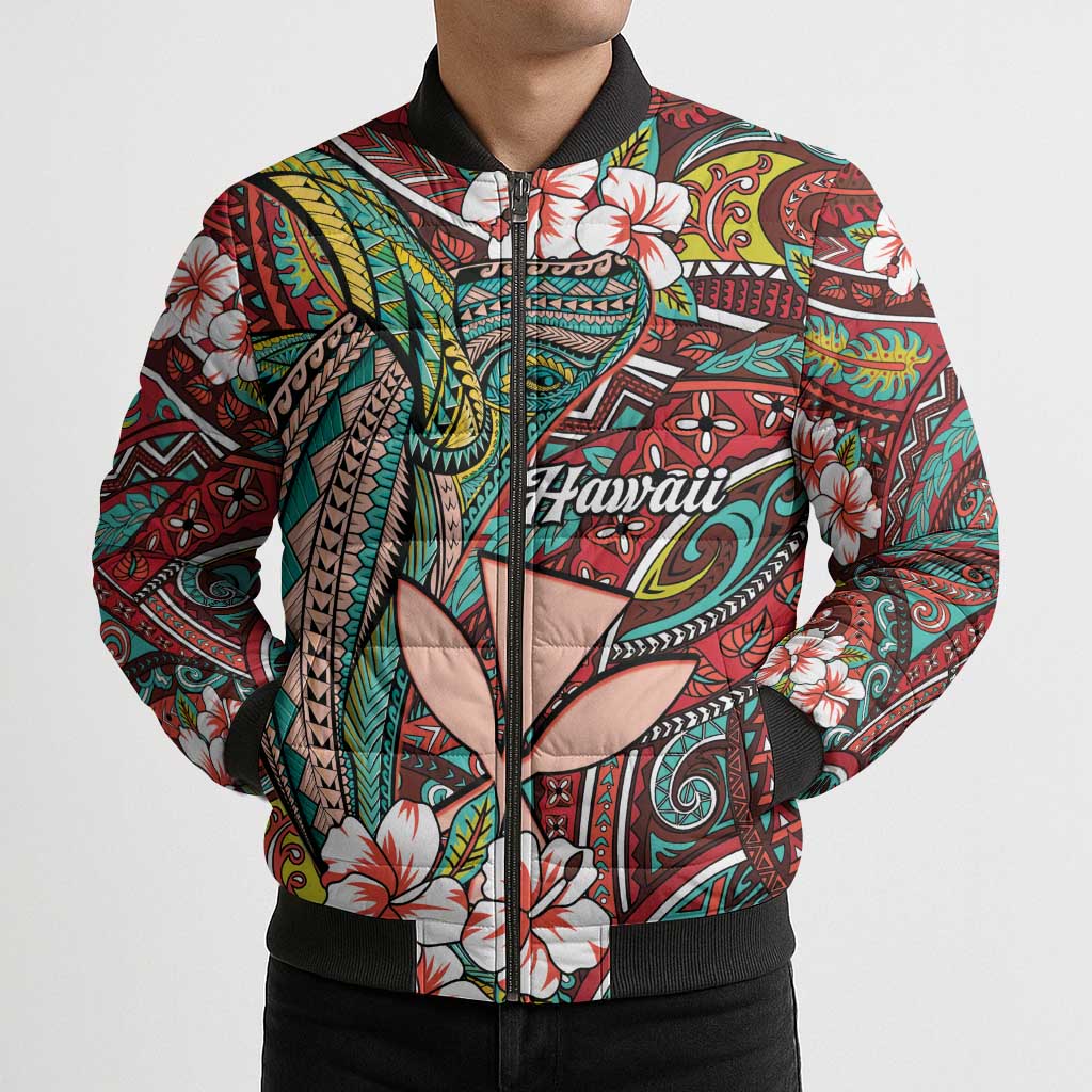 Personalised Hawaii Tribal Humpback Whale Bomber Puffer Jacket Ulaula Hibiscus Seamless Pattern