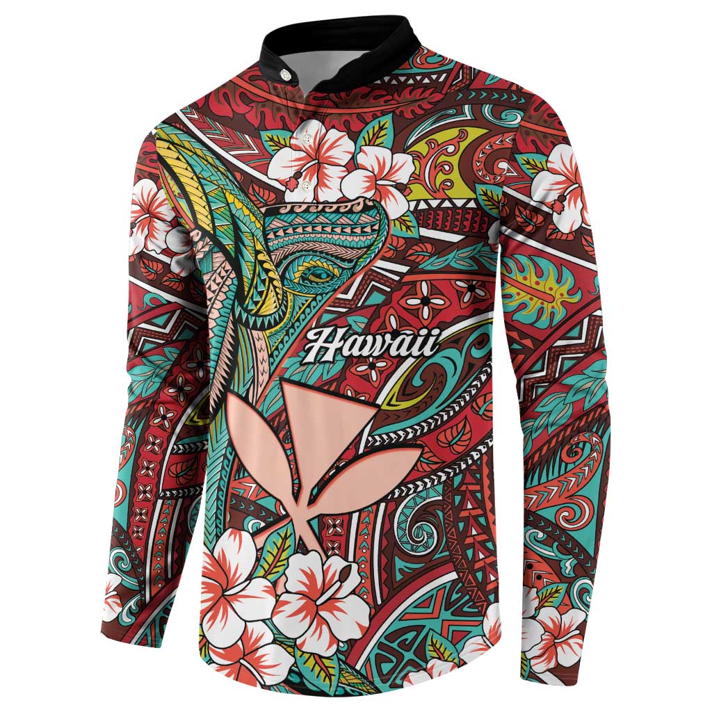 Personalised Hawaii Tribal Humpback Whale Button Sweatshirt Ulaula Hibiscus Seamless Pattern