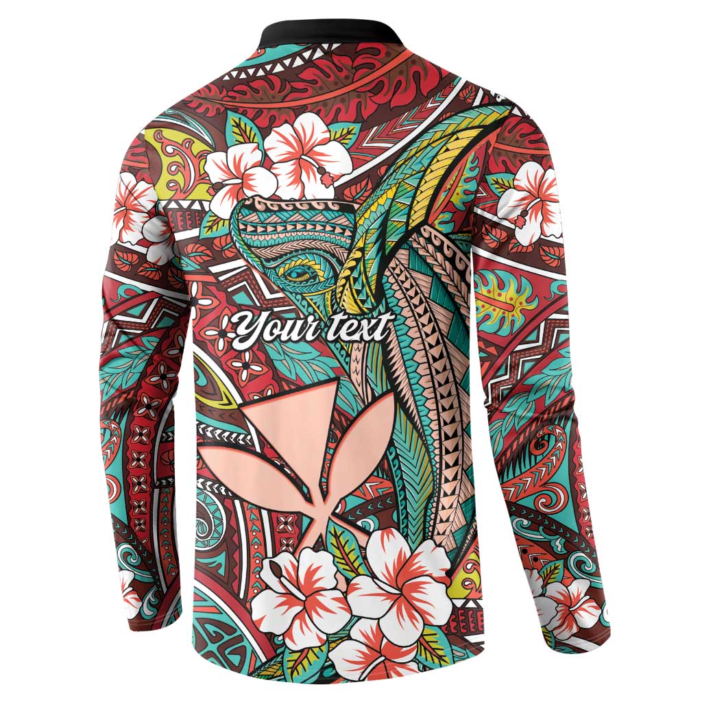 Personalised Hawaii Tribal Humpback Whale Button Sweatshirt Ulaula Hibiscus Seamless Pattern