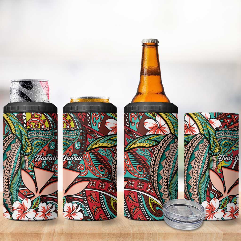 Personalised Hawaii Tribal Humpback Whale 4 in 1 Can Cooler Tumbler Ulaula Hibiscus Seamless Pattern