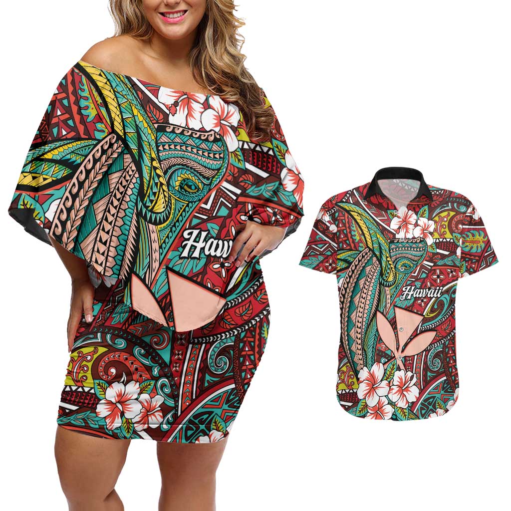 Personalised Hawaii Tribal Humpback Whale Couples Matching Off Shoulder Short Dress and Hawaiian Shirt Ulaula Hibiscus Seamless Pattern LT9 Red - Polynesian Pride