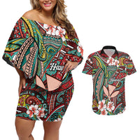 Personalised Hawaii Tribal Humpback Whale Couples Matching Off Shoulder Short Dress and Hawaiian Shirt Ulaula Hibiscus Seamless Pattern LT9 Red - Polynesian Pride