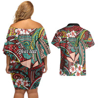 Personalised Hawaii Tribal Humpback Whale Couples Matching Off Shoulder Short Dress and Hawaiian Shirt Ulaula Hibiscus Seamless Pattern LT9 - Polynesian Pride