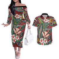 Personalised Hawaii Tribal Humpback Whale Couples Matching Off The Shoulder Long Sleeve Dress and Hawaiian Shirt Ulaula Hibiscus Seamless Pattern LT9 Red - Polynesian Pride
